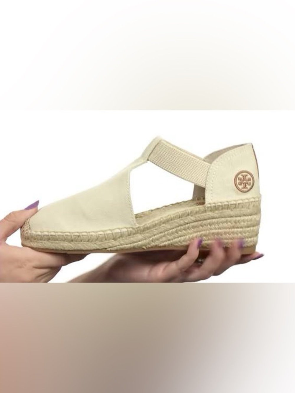 🤍✨ Tory Burch Catalina 3 Beige Canvas Espadrille Wedge Sandals Size 7